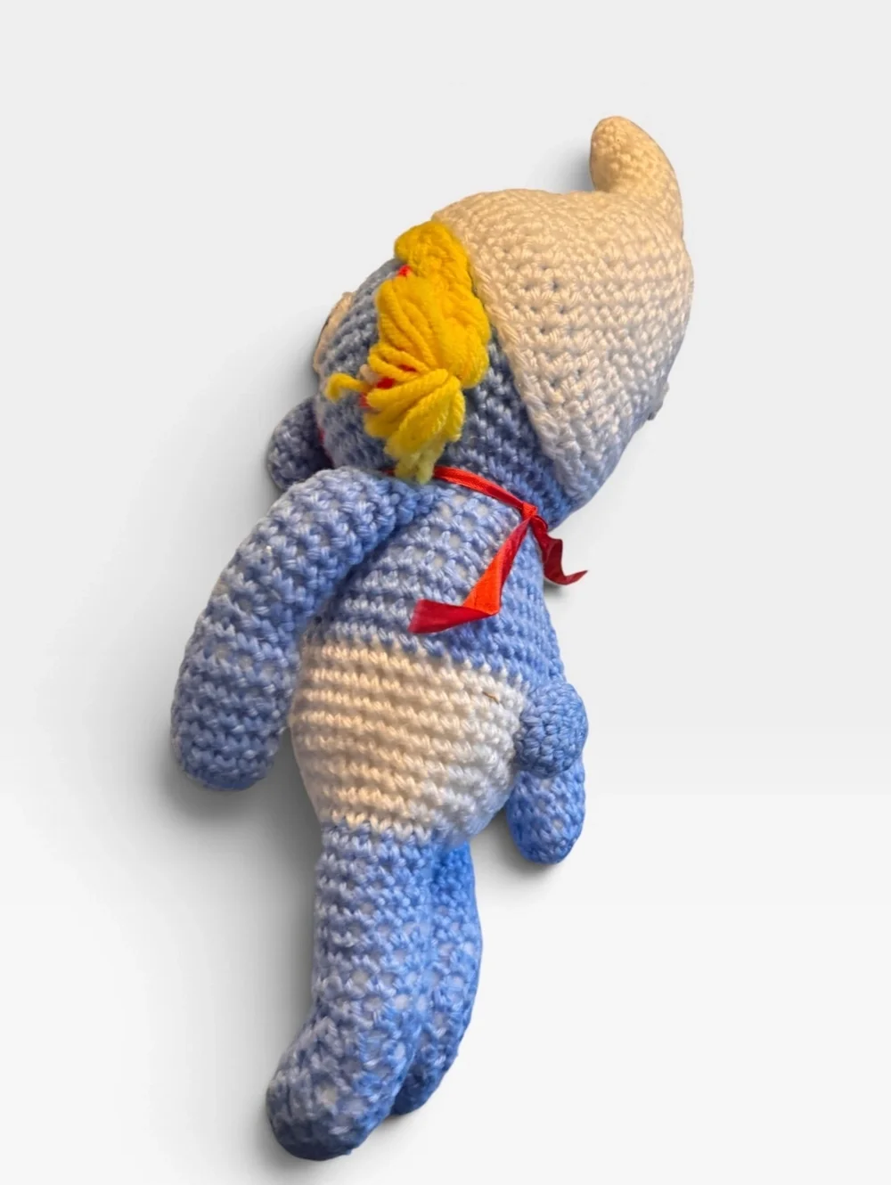 Vintage Handmade Crochet Girl Doll Smurfette Inspired Yarn Plush 15” Folk Art